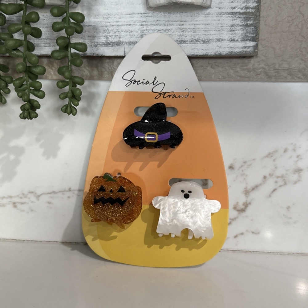 Social Strand Halloween Claw Clips - Set Of 3 Witch Hat, Ghost, Jack O Lantern